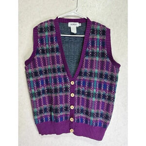 Vintage Women Purple Multicolor Plaid CottonKnit Vest Outdoors 90s Retro MEDIUM